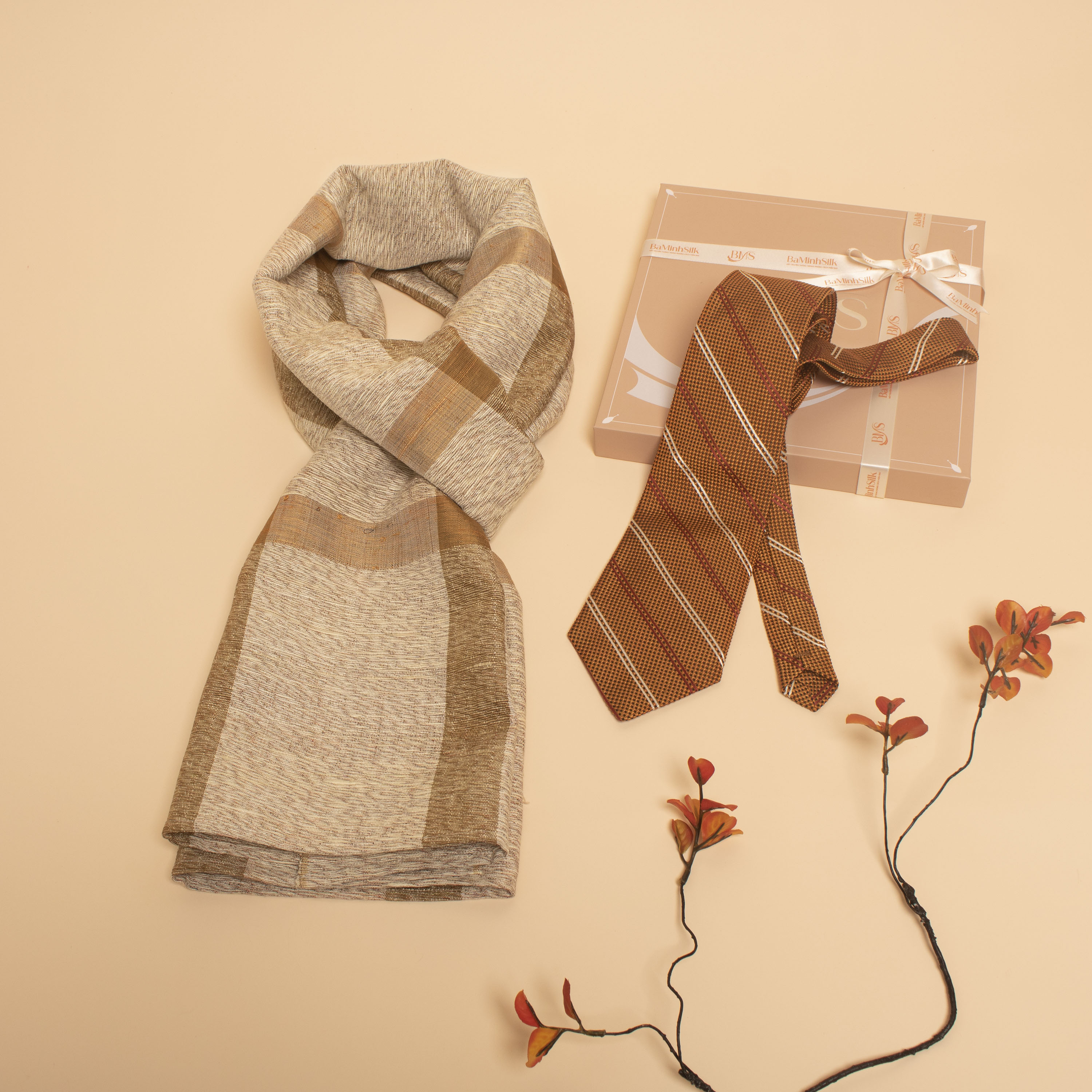 set quà 044 cà vạt lụa và khăn quàng đũi tơ tằm cho nam - Bá Minh Silk