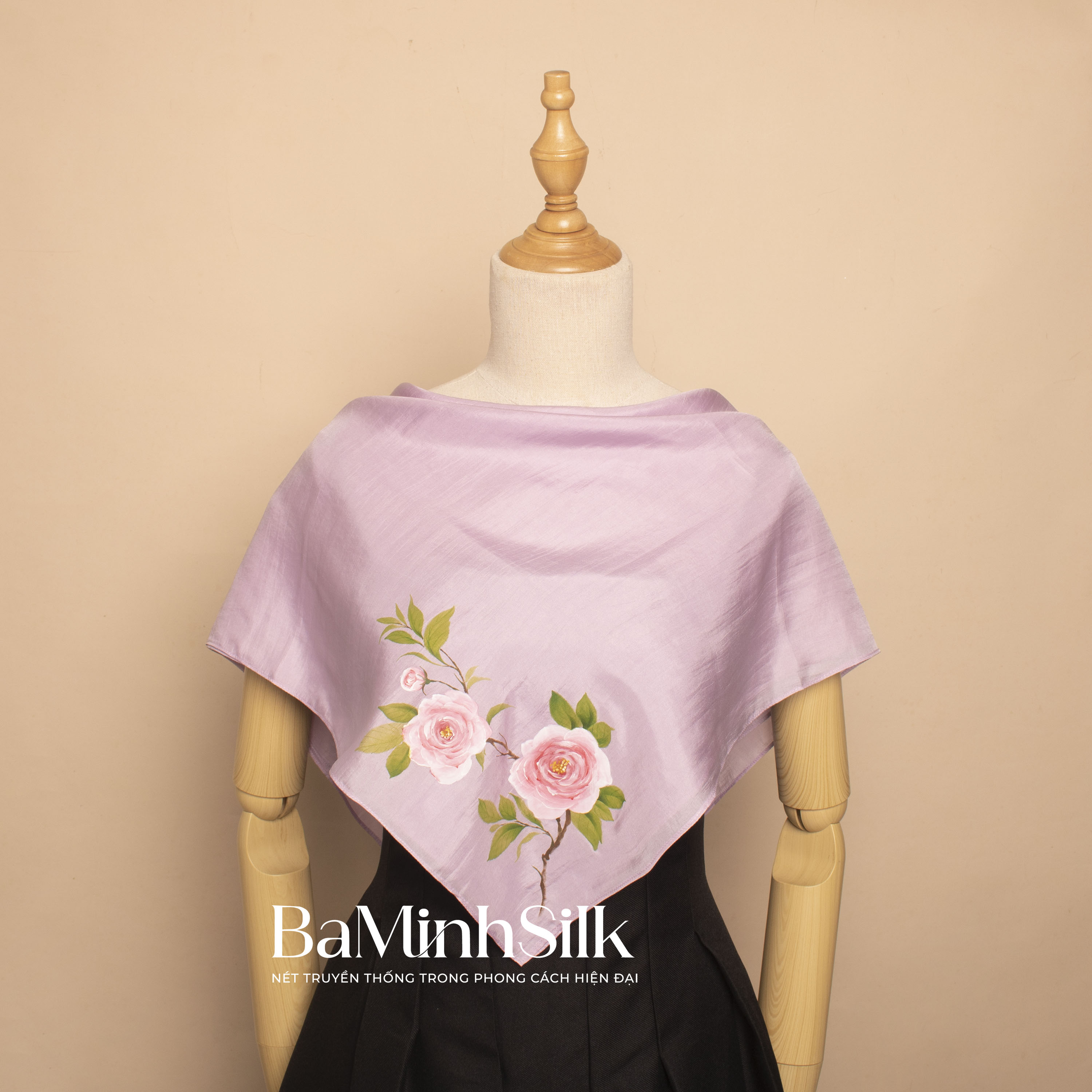 khăn lụa vuông hoa hồng 70x70 tím