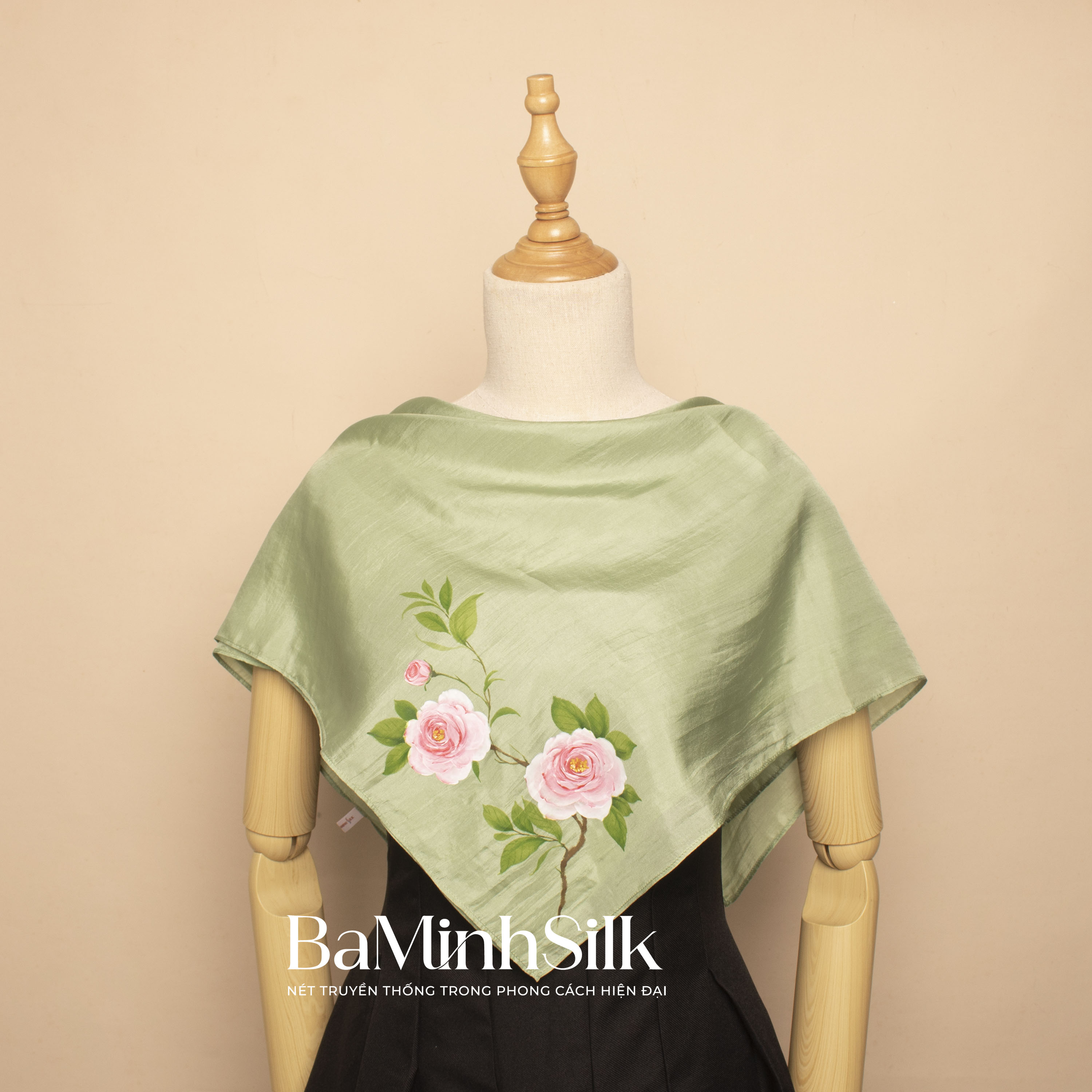 khăn lụa vuông hoa hồng 70x70 xanh lá ngọc bích