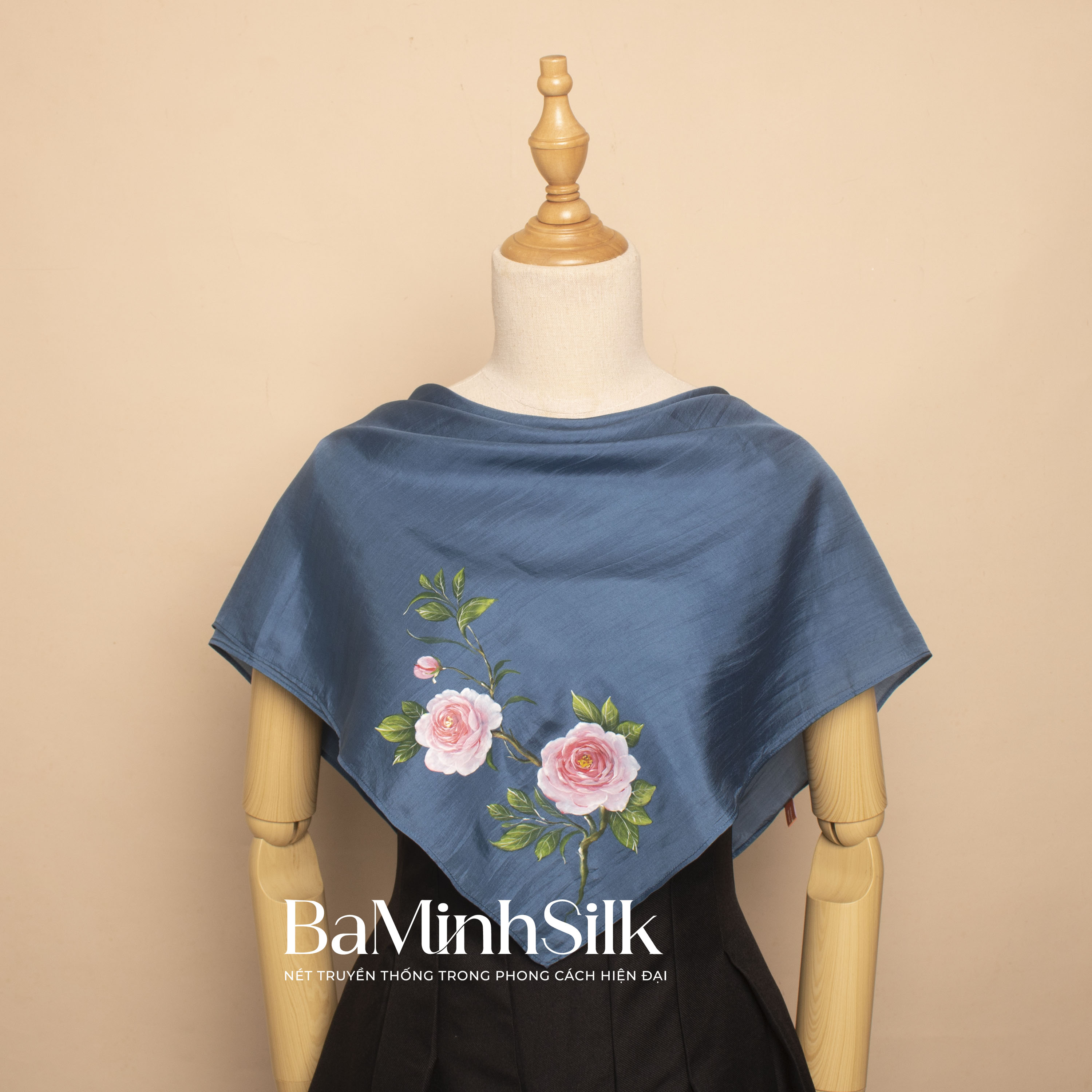 khăn lụa vuông hoa hồng 70x70 xanh lam