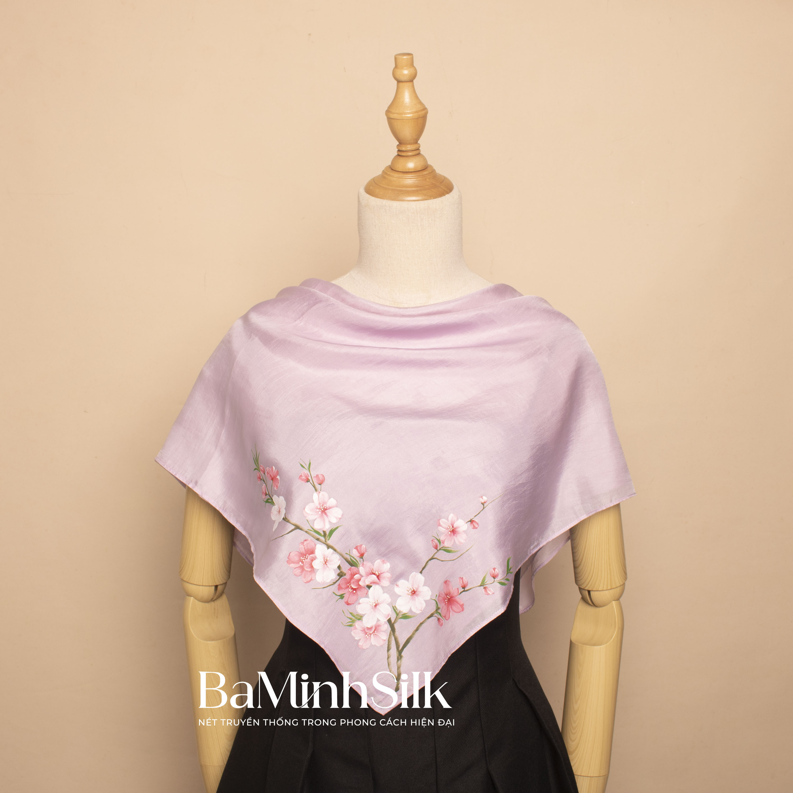 khăn lụa vuông 70x70 cành đào tím