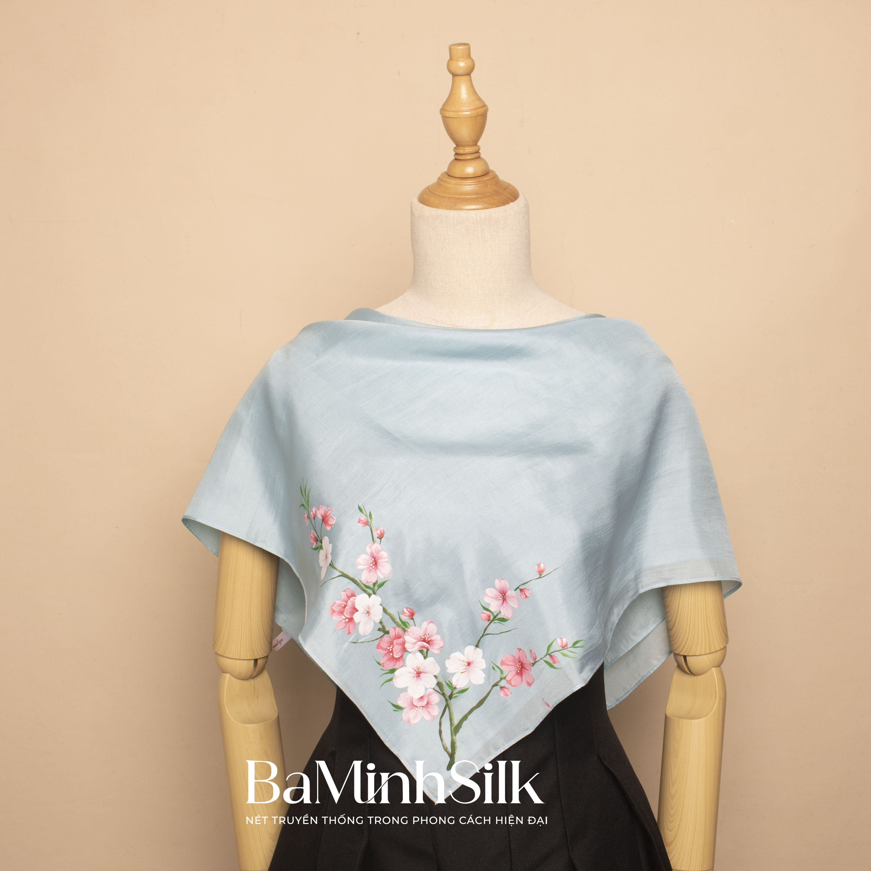 khăn lụa vuông 70x70 cành đào xanh mint