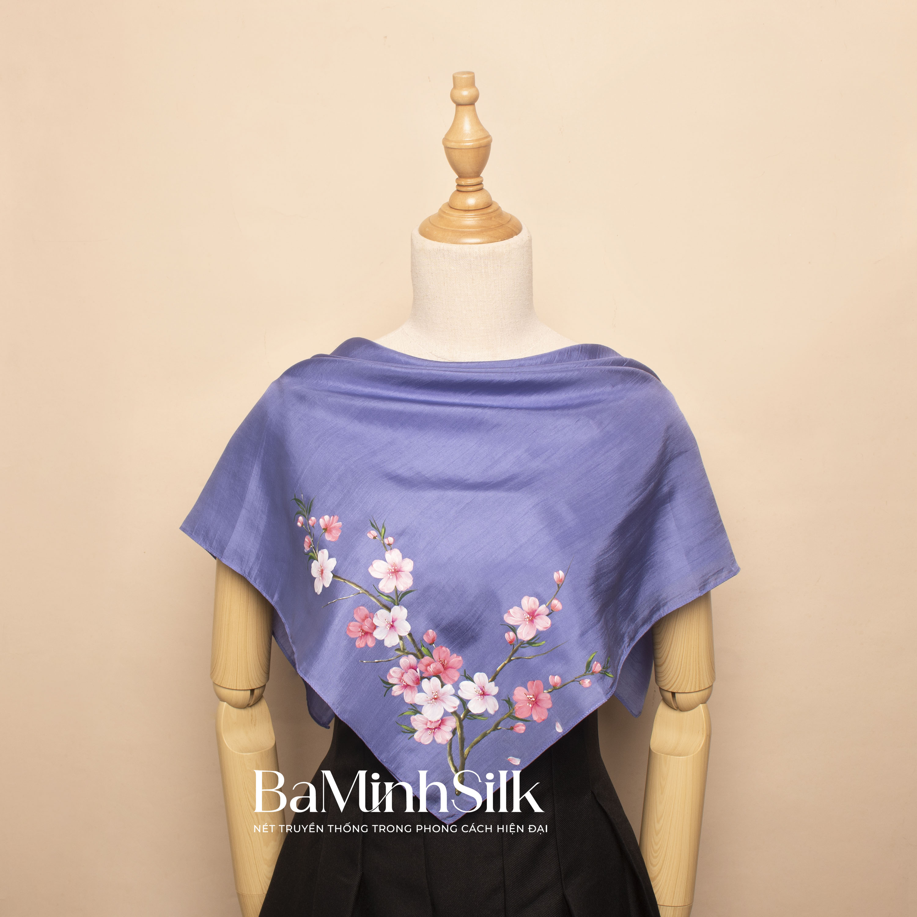 khăn lụa vuông 70x70 cành đào xanh x01