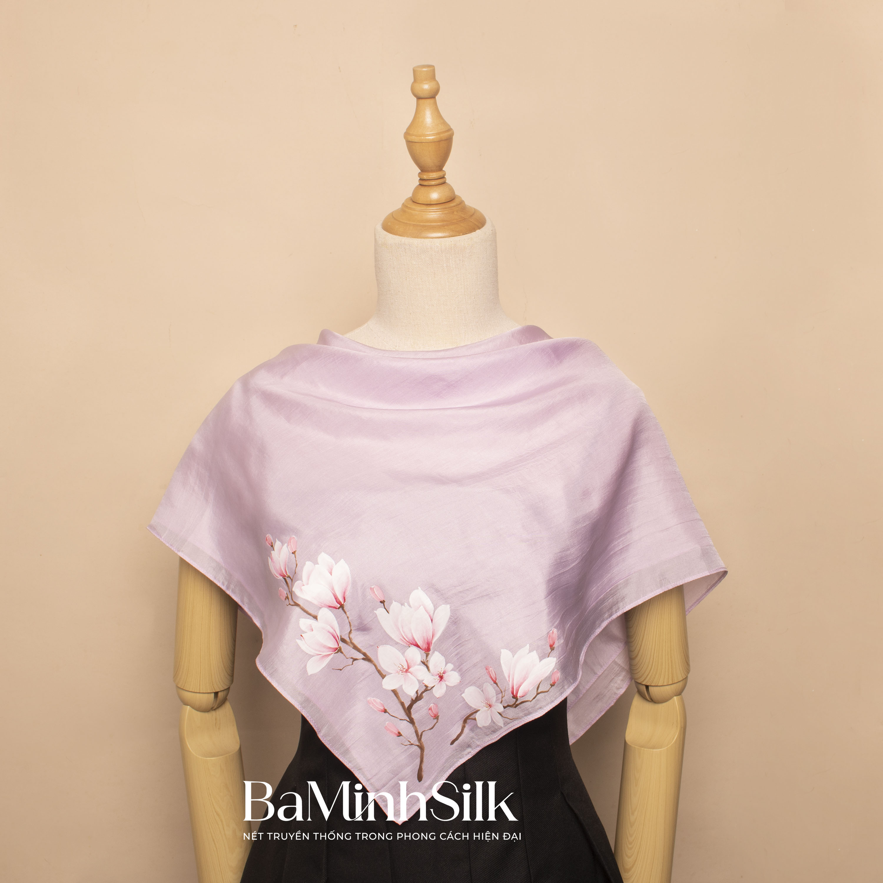 khăn lụa vuông 70x70 hoa mộc lan tím