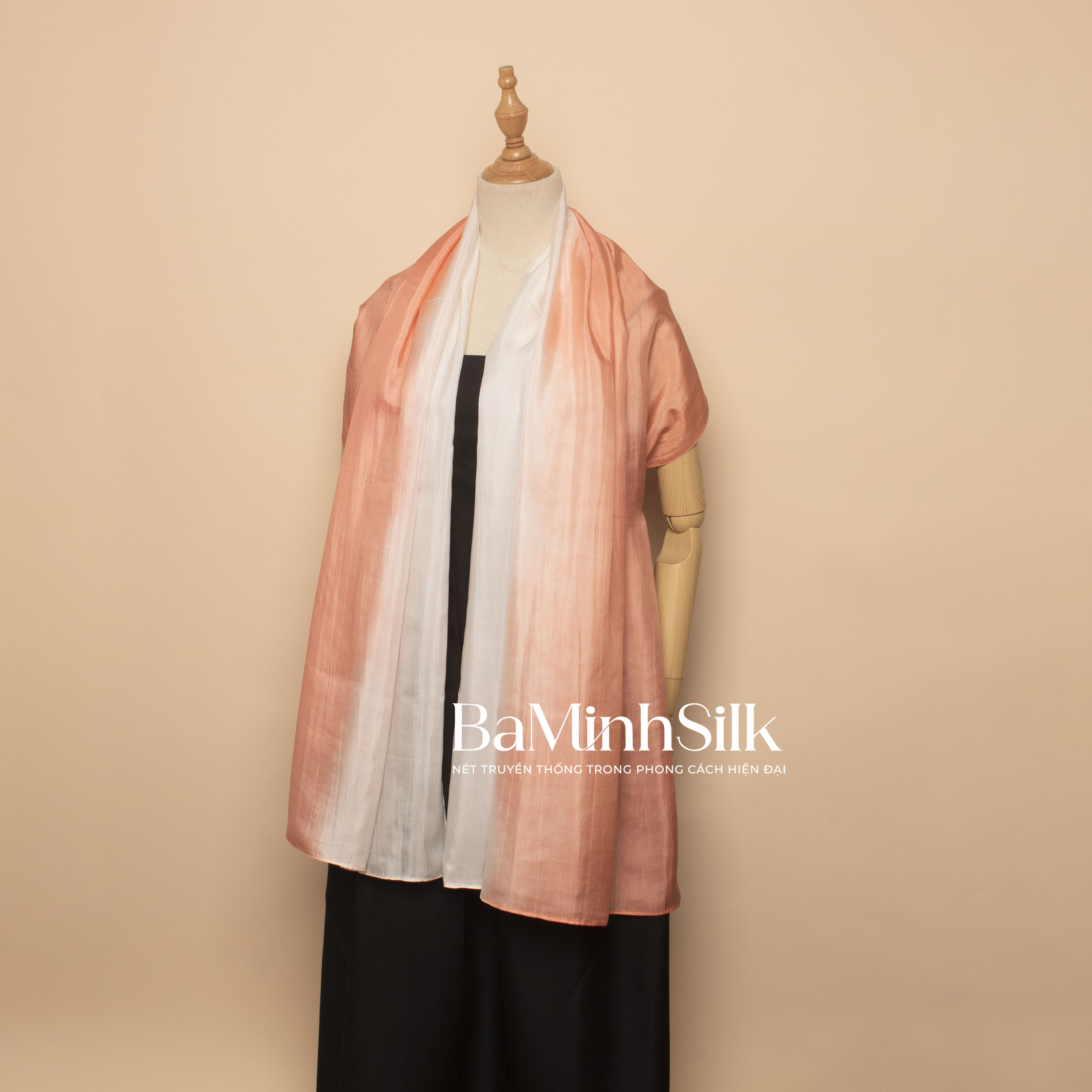 khăn choàng lụa tơ tằm 2 màu trắng hồng 85x180cm-Bá Minh Silk