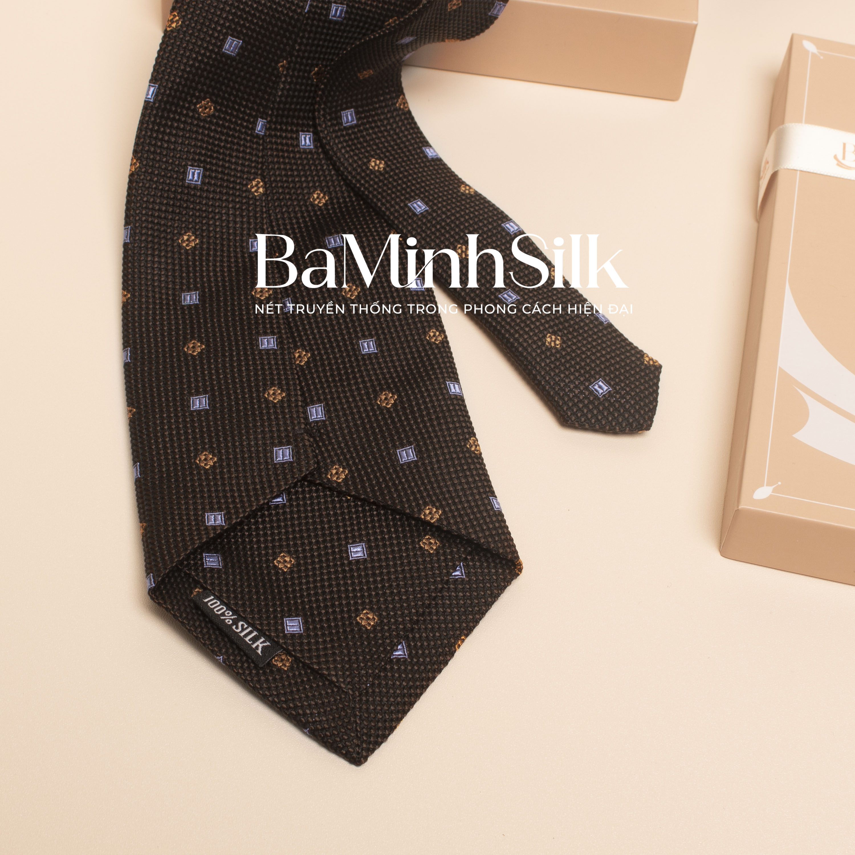 cà vạt lụa tơ tằm cv 31 màu nâu hoạ tiết nhỏ bá minh silk