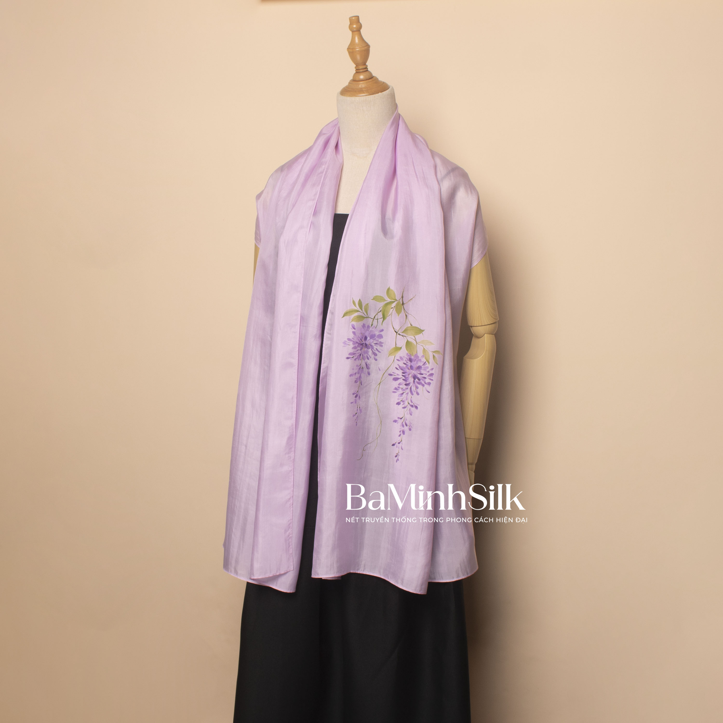 khăn choàng lụa tơ tằm dài vẽ hoa tử đằng màu tím