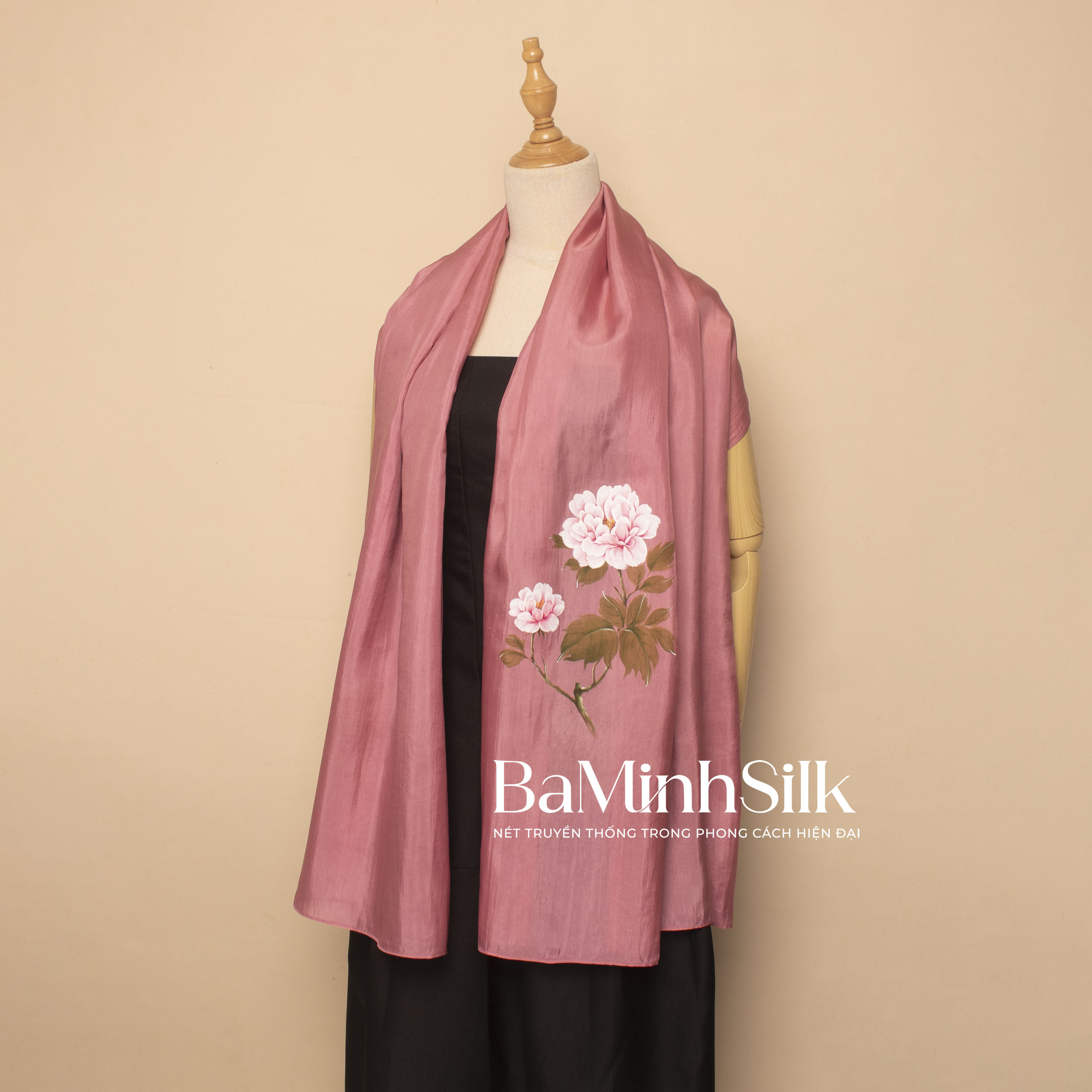 Khăn choàng lụa vẽ tay Hoa Mẫu Đơn cao cấp 85x180cm