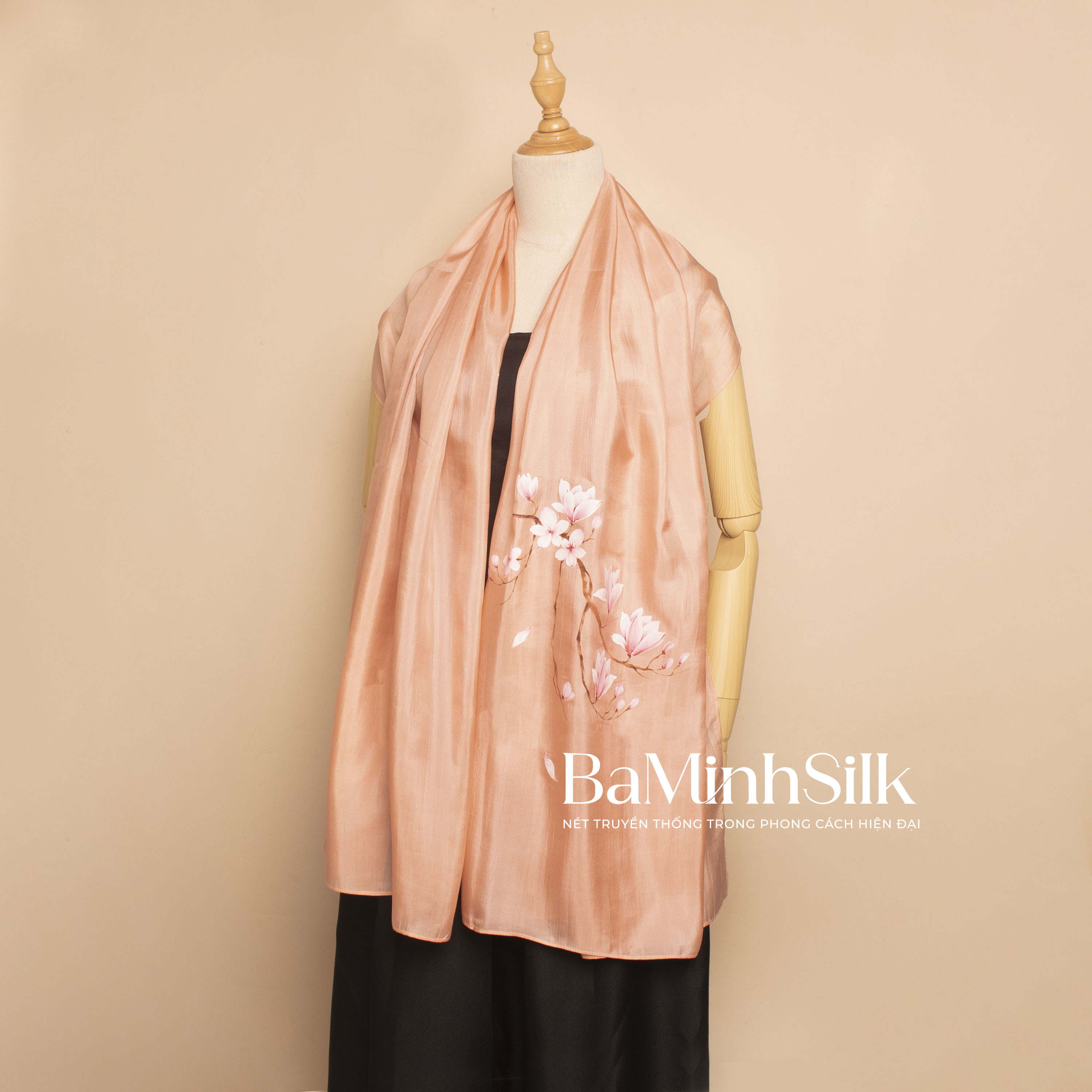 khăn lụa dài hồng vỏ đỗ hoa mộc lan