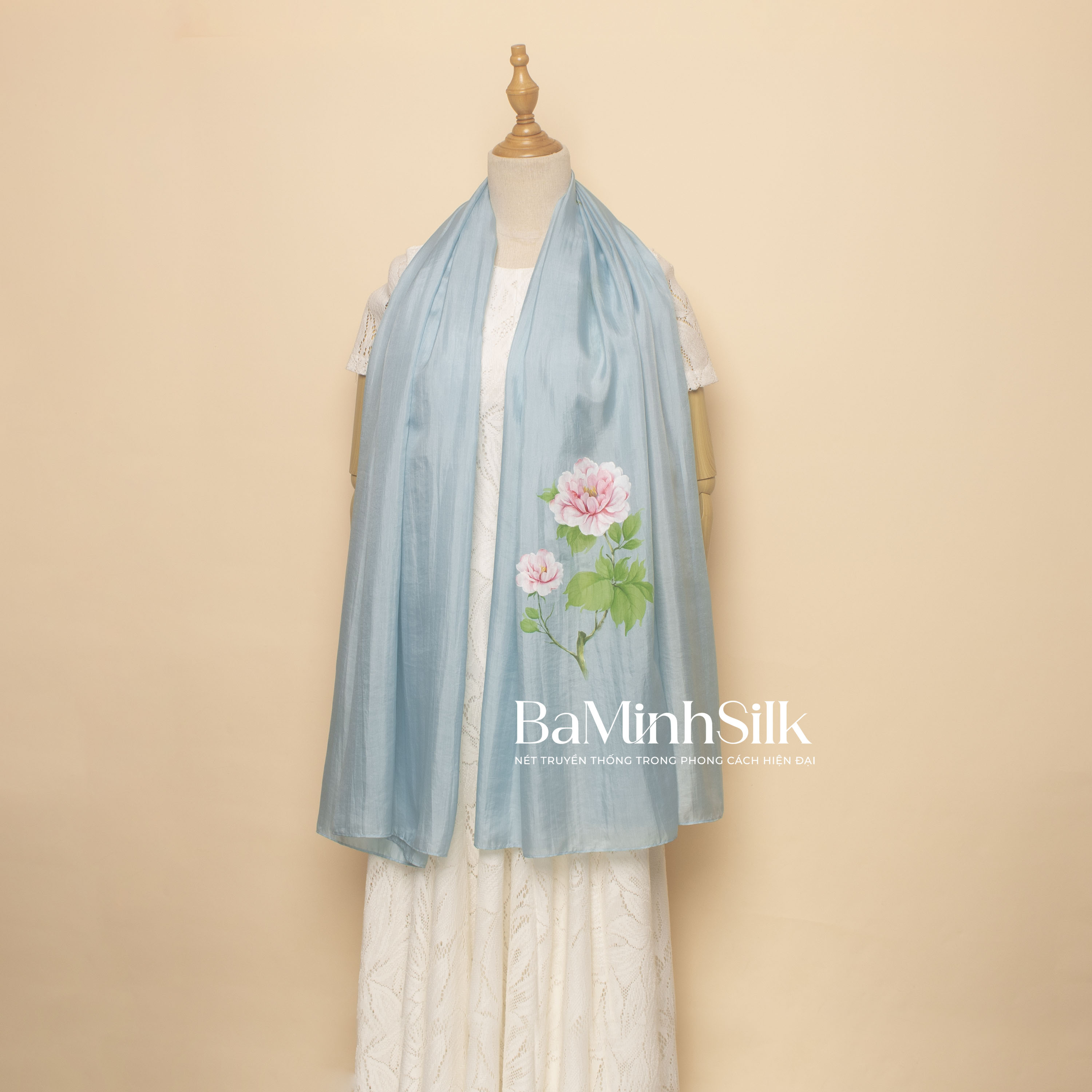 khăn lụa dài xanh mint hoa mẫu đơn