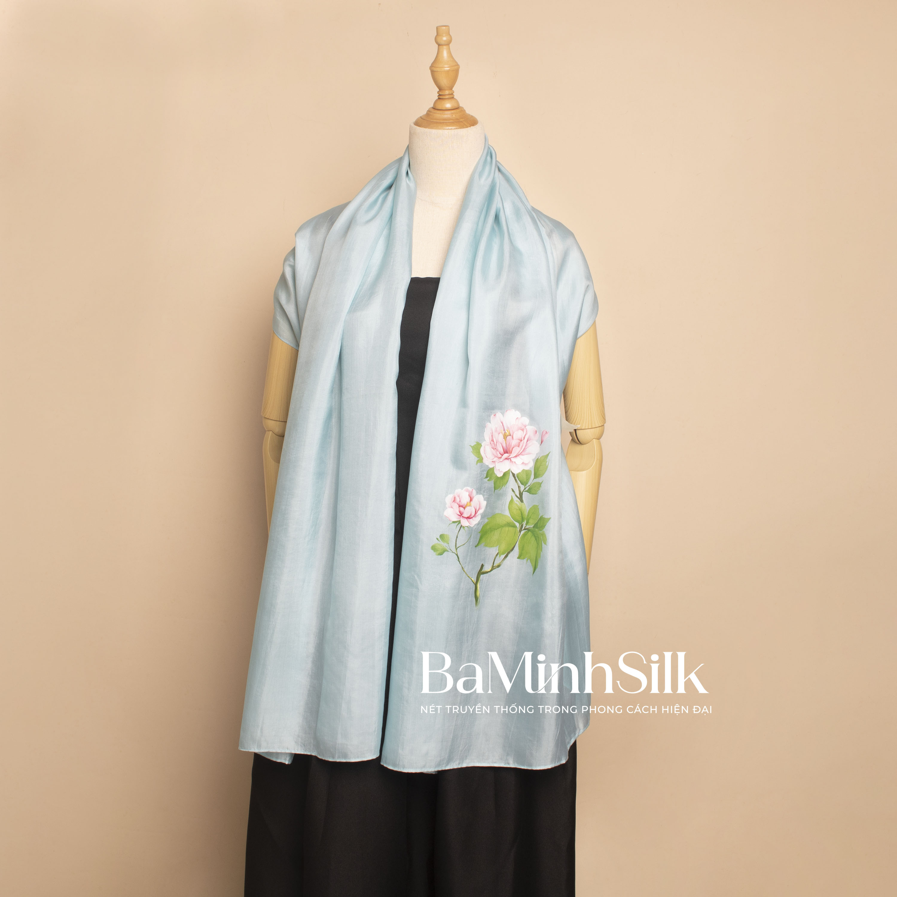 khăn lụa dài xanh mint hoa mẫu đơn