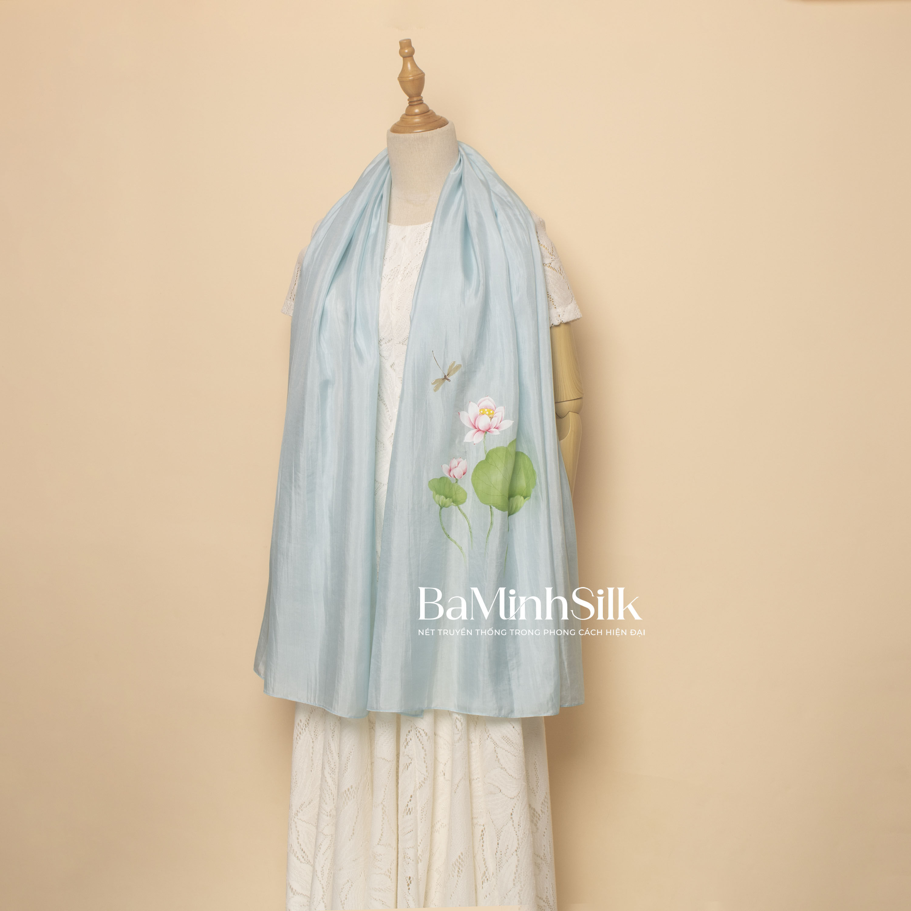 khăn lụa dài xanh mint hoa sen