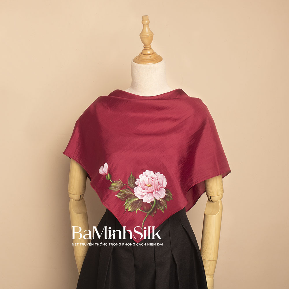 Khăn lụa vuông hoa mẫu đơn vẽ tay