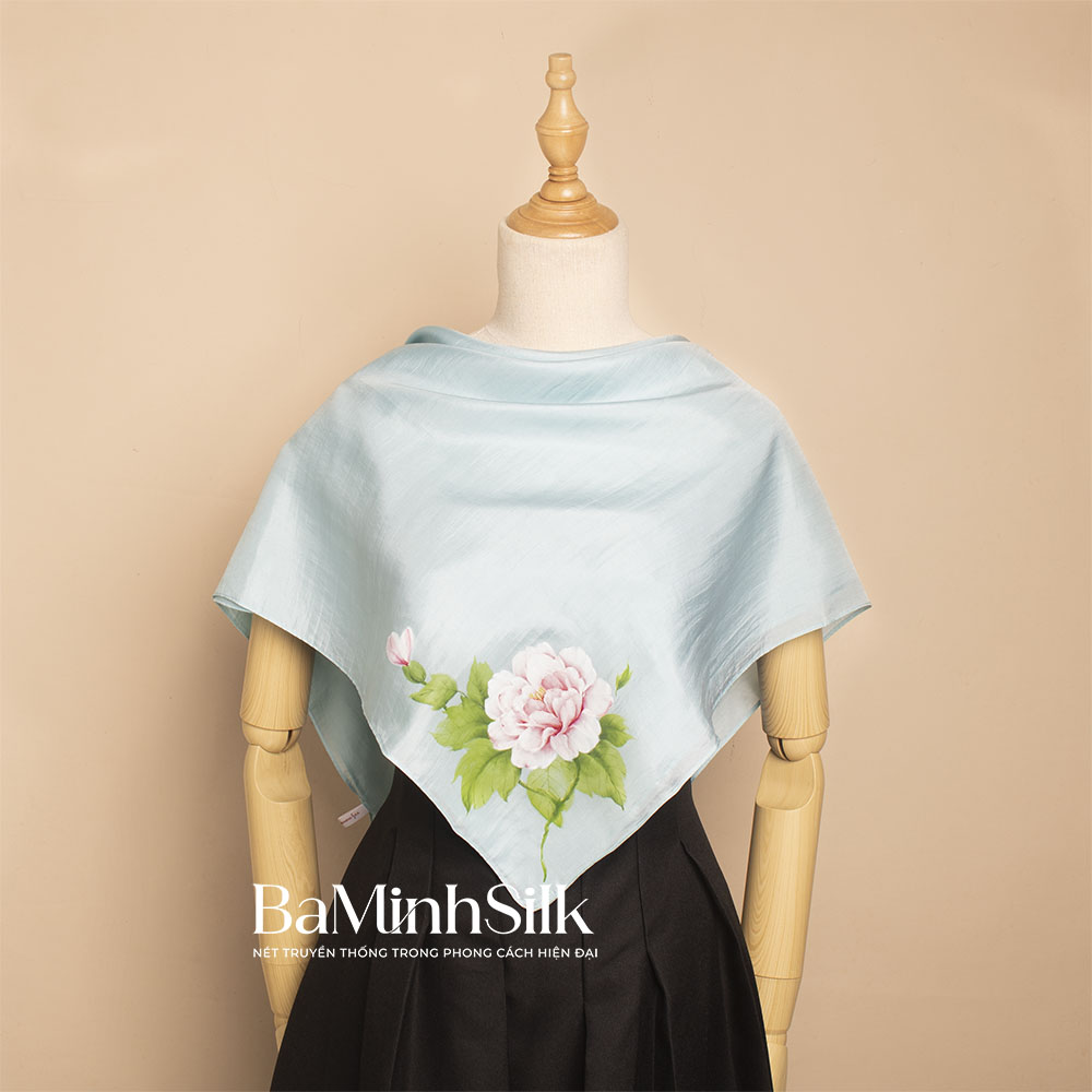 khăn lụa vuông 80x80 hoa mẫu đơn xanh mint