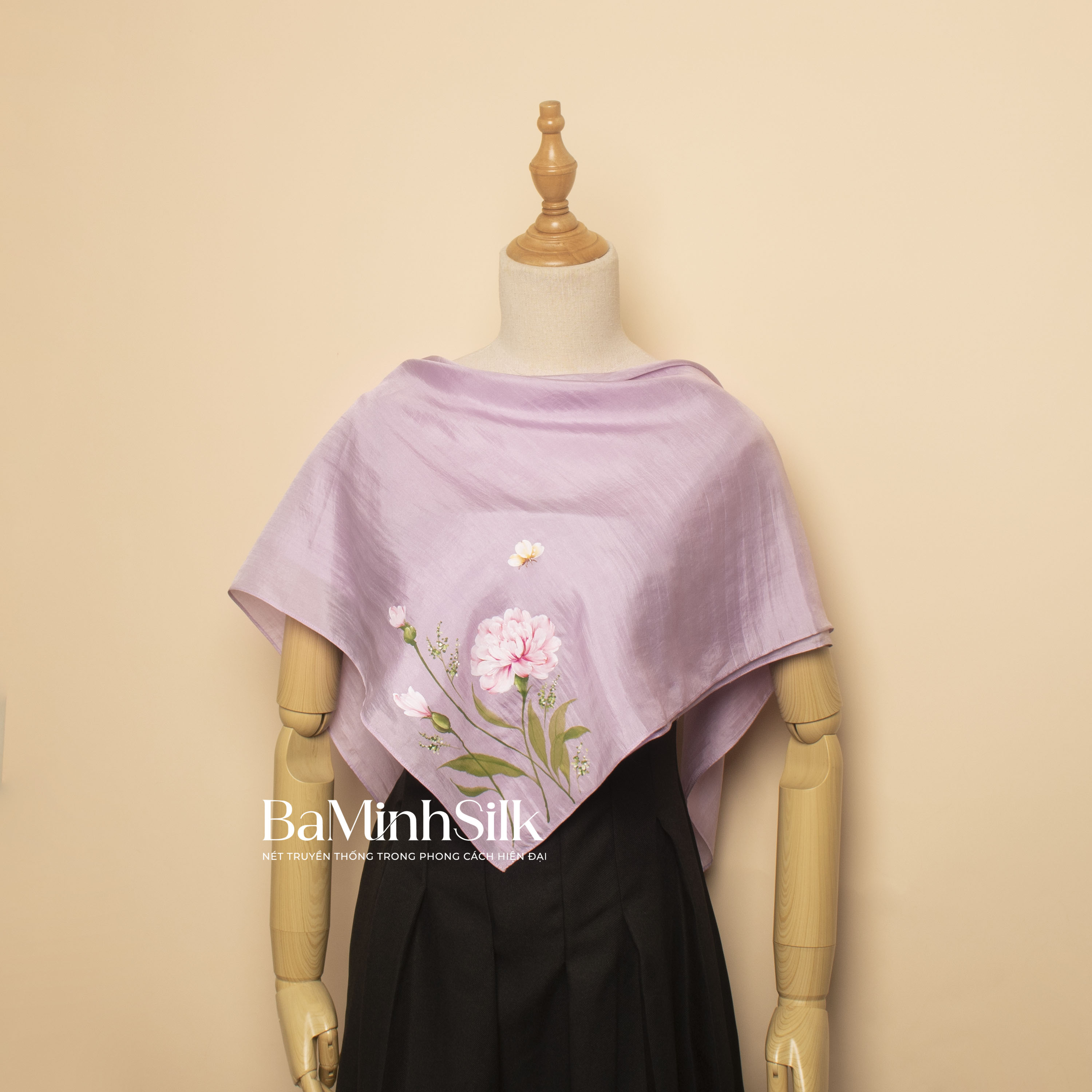 khăn lụa vuông tím vẽ hoa cẩm chướng 80x80cm