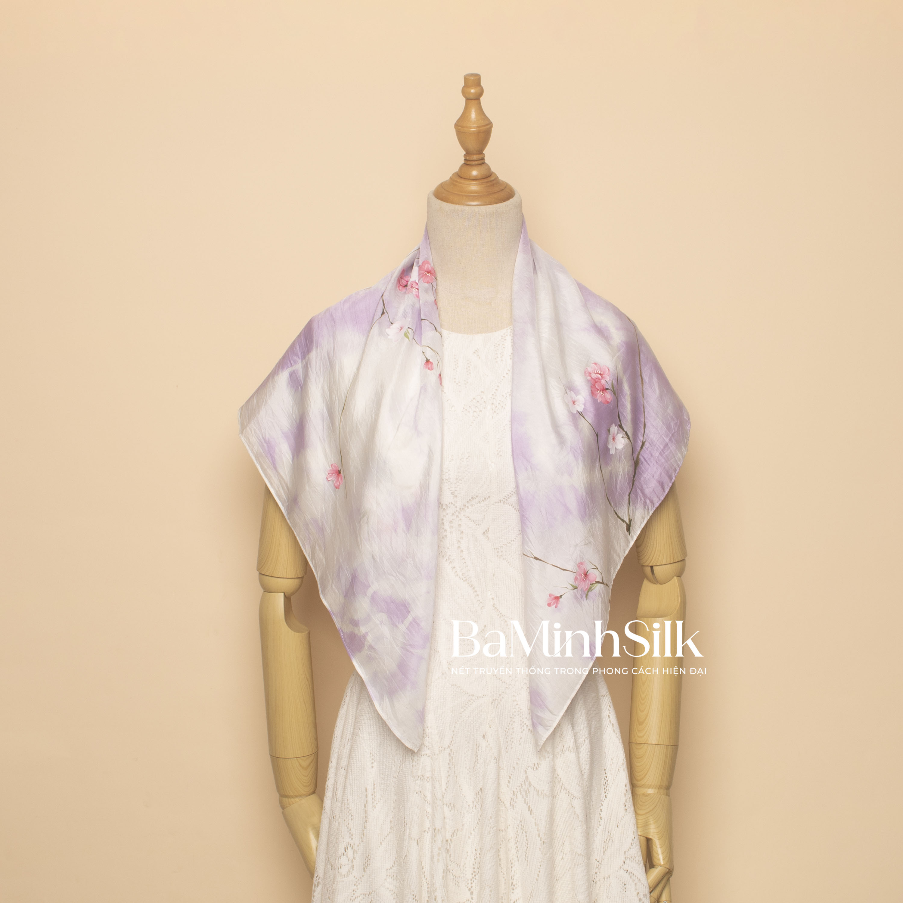 khăn lụa vuông shibori loang tím cành đào 80x80cm