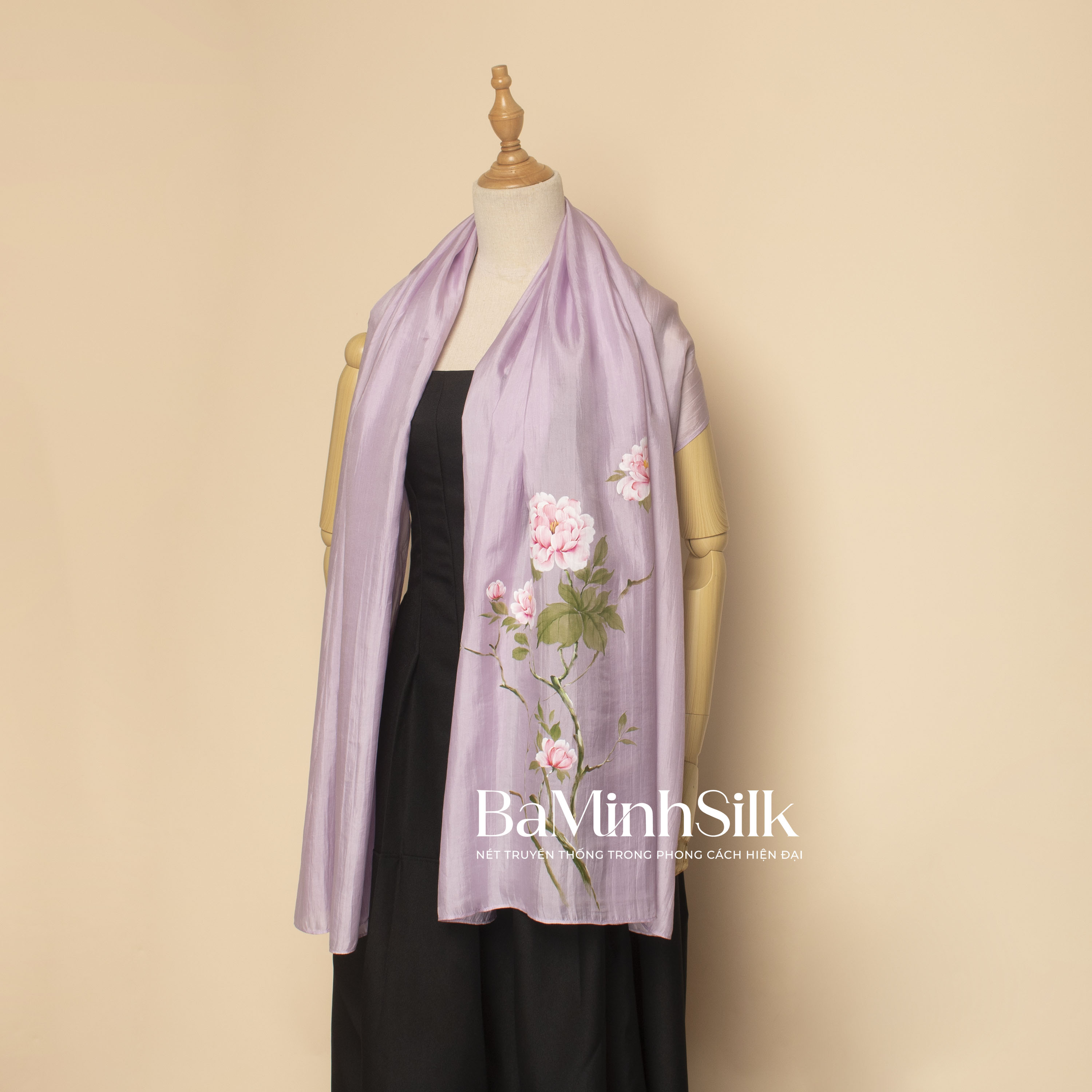 khăn choàng lụa tơ tằm dài tím vẽ tay hoa mẫu đơn 01 1990k