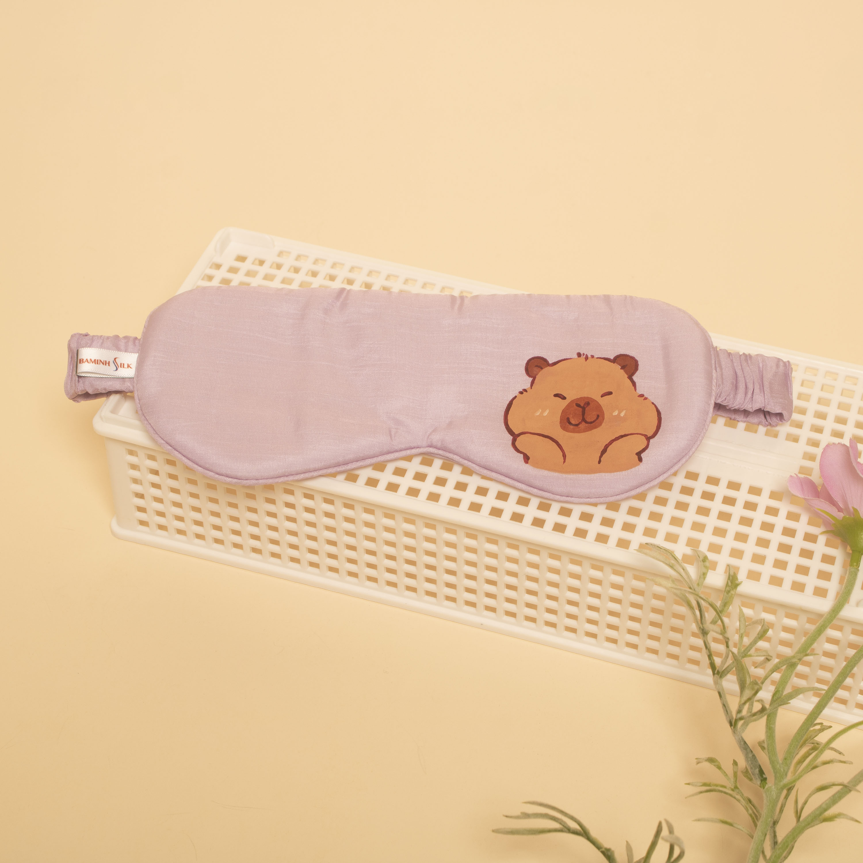 bịt mắt lụa vẽ capybara tím
