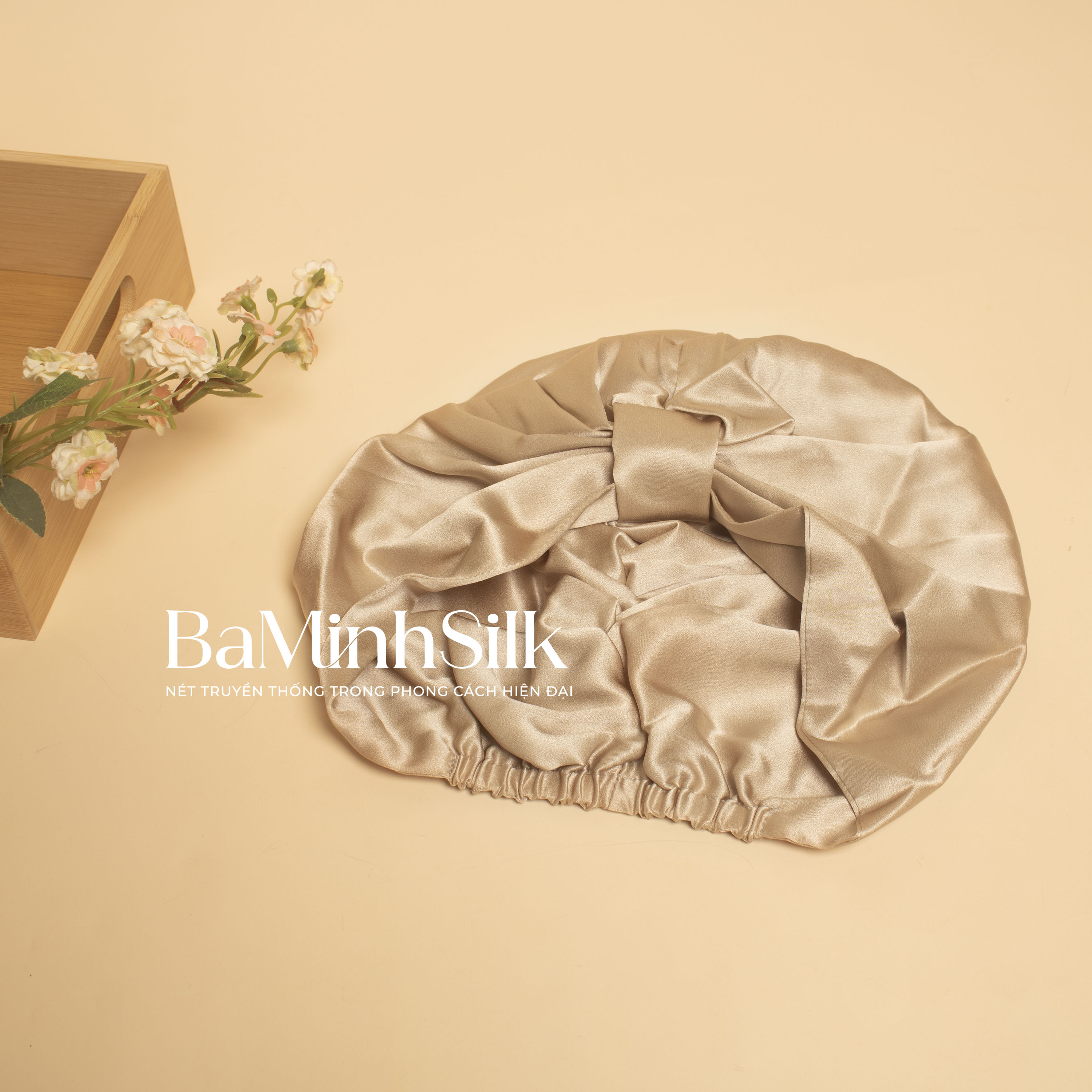 mũ trùm tóc lụa tơ tằm be