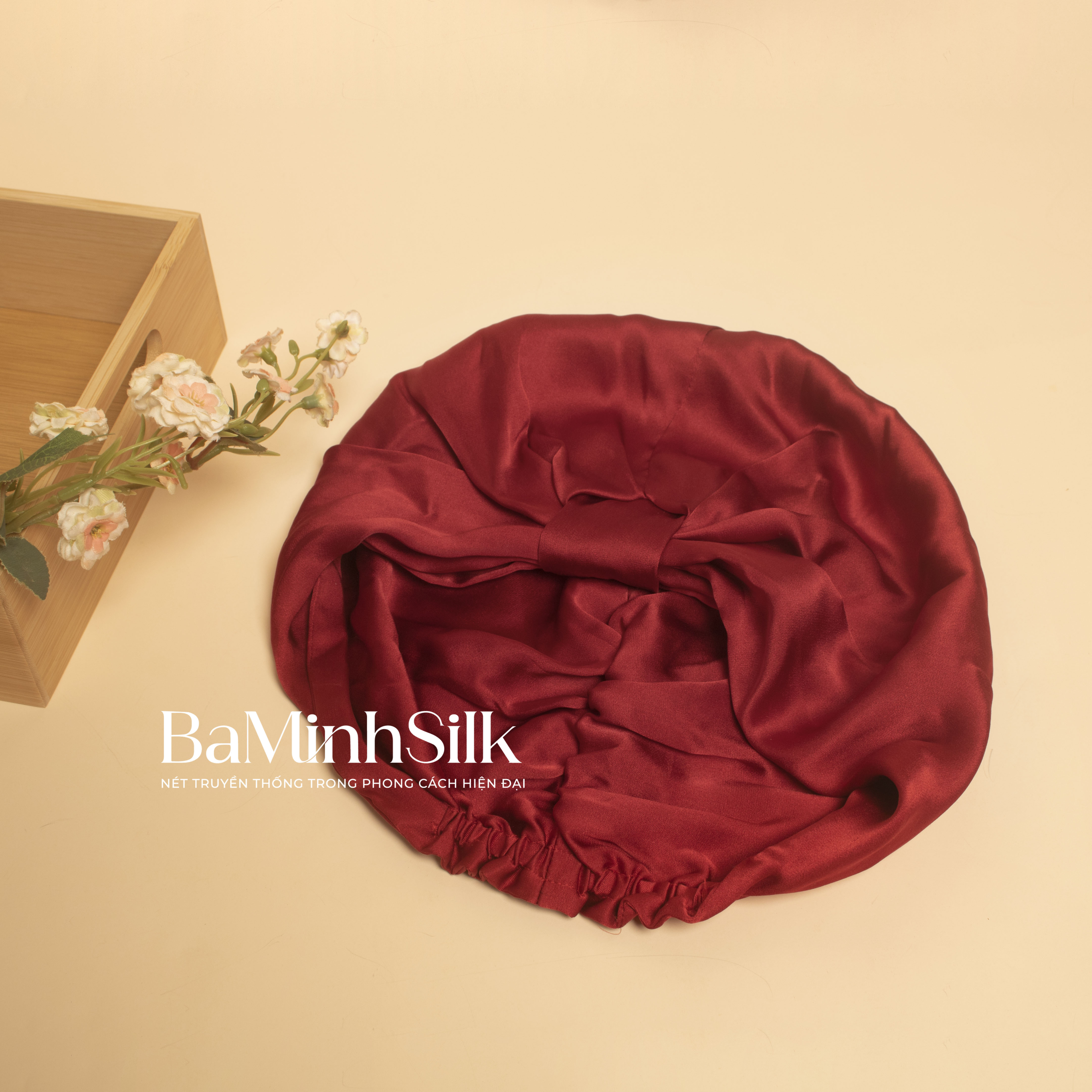 mũ trùm tóc lụa tơ tằm đỏ