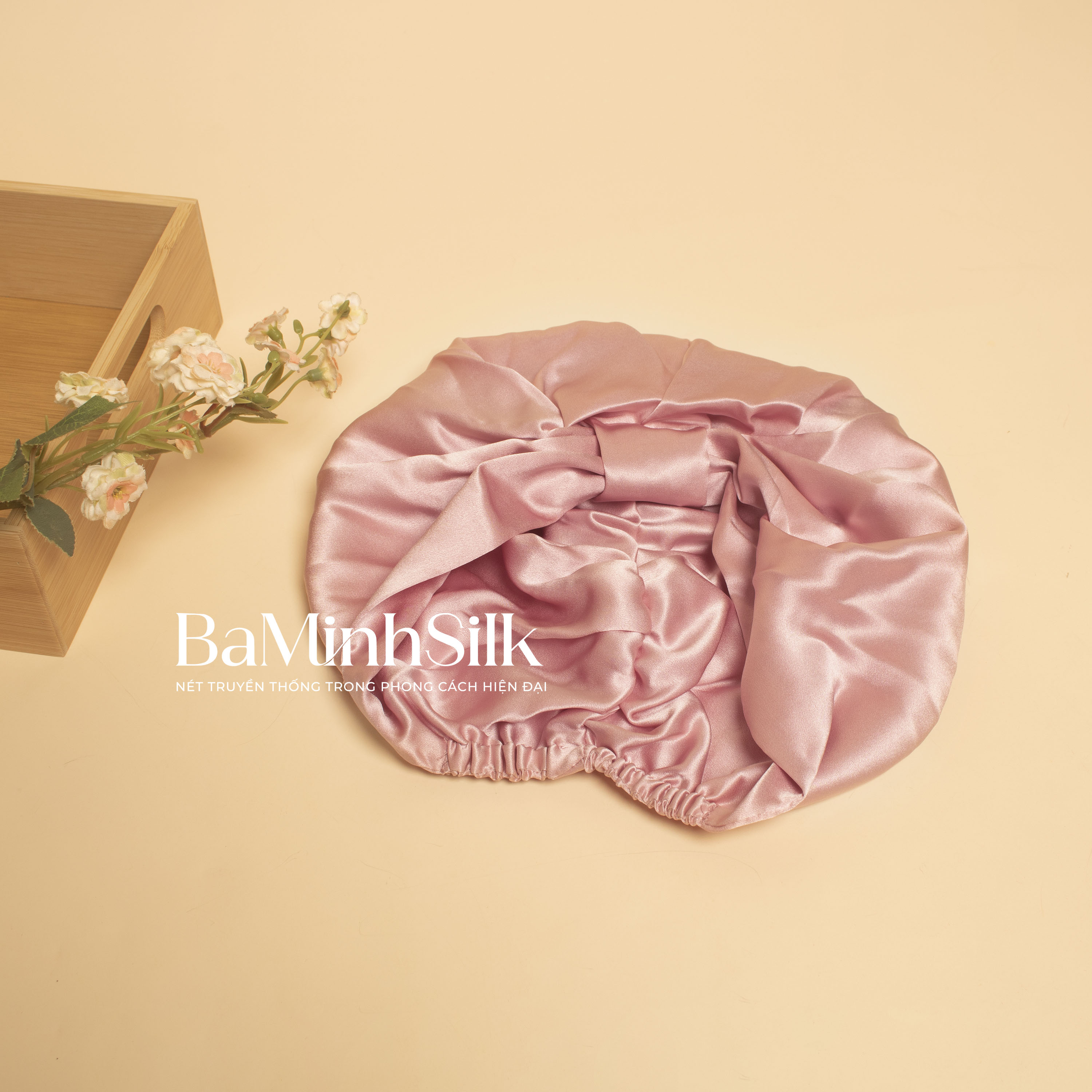 mũ trùm tóc lụa tơ tằm hồng